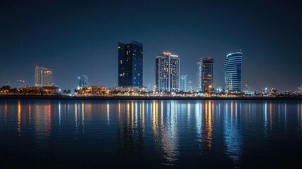 A nighttime view of the Four Seasons and Hilton Hotels in Manama, Bahrain, their lights shining brightly against the dark sky.