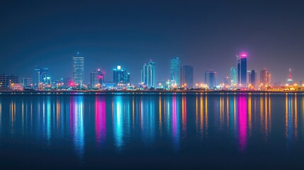 Poster - A panoramic view of Manama's illuminated skyline along Bahrain Bay, featuring iconic skyscrapers and vibrant city lights.