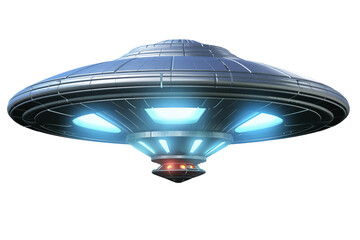 png cutout of ufo alien space ship flying saucer with blue glowing light round bottom isolated on tr