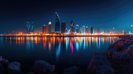 Poster - A panoramic view of Manama's illuminated skyline along Bahrain Bay, featuring iconic skyscrapers and vibrant city lights.