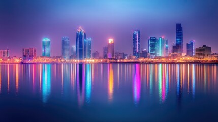 Poster - A panoramic view of Manama's illuminated skyline along Bahrain Bay, featuring iconic skyscrapers and vibrant city lights.
