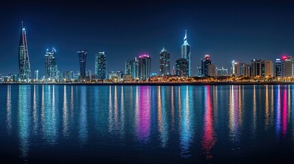 Poster - A panoramic view of Manama's illuminated skyline along Bahrain Bay, featuring iconic skyscrapers and vibrant city lights.