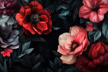 dark moody vintage floral background with red and pink flowers, lush green leaves, and elegant botanical details