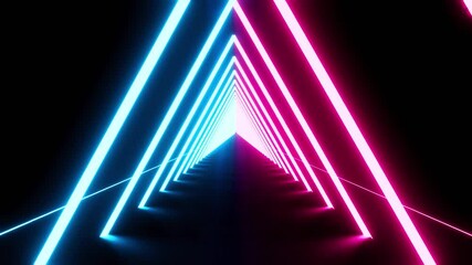 Canvas Print - Abstract of dark sci-fi tunnel, Futuristic neon light in geometric form, animation. 4K Futuristic Neon Ultraviolet Fluorescent Light Tunnel Black Background