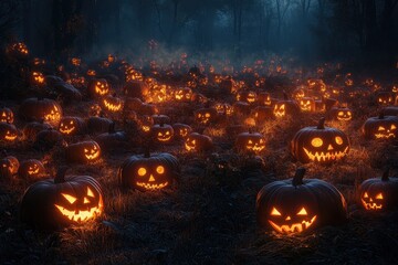 Wall Mural - A Field of Glowing Jack-o'-Lanterns in a Dark Forest