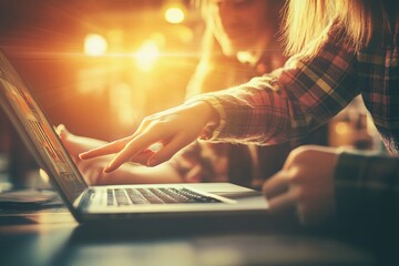 Poster - Close Up Of Woman's Hand Pointing On Laptop Screen