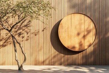 A minimalist outdoor scene featuring a vertical wooden wall with horizontal planks.