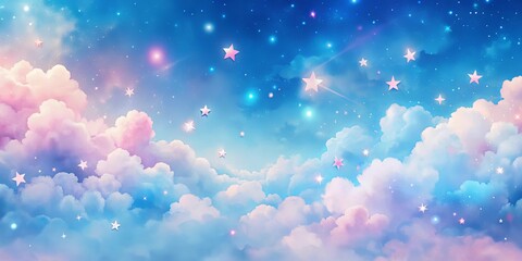 Wall Mural - A serene blue sky with whimsical pink and blue clouds, scattered with sparkling stars