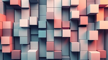 Poster - Abstract 3D cubes and rectangles arranged in a grid pattern, with varying shades and shadows to create depth. Ideal for architectural or tech visuals.