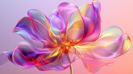 Poster - Abstract 3D design of a surreal flower with organic, wavy lines and translucent pink, purple, and yellow materials.