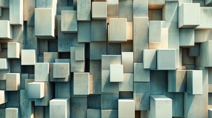 Poster - Abstract 3D cubes and rectangles arranged in a grid pattern, with varying shades and shadows to create depth. Ideal for architectural or tech visuals.