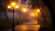 © PondLord - Glowing street lamps in a misty park at dawn, creating a serene atmosphere, early morning glowtime, calm and peaceful.