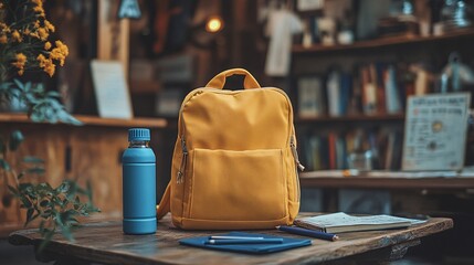 Wall Mural - Back-to-school: yellow backpack on table with books, pens, and blue water bottle, ready for the new year.