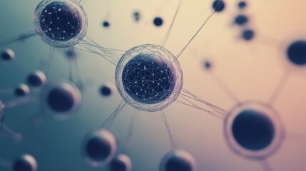 Poster - Abstract 3D spheres connected by thin lines, floating in space with a gradient background, symbolizing connectivity and networks. -