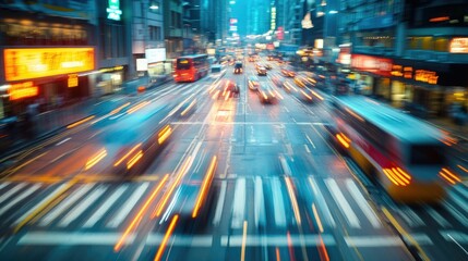 Poster - Abstract image of blurred traffic in Hong Kong's city center, with Chinese road markings creating a sense of motion.