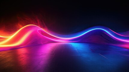 Poster - Abstract neon wave in 3D, glowing vividly in the dark with a dramatic reflection on the floor, great for modern digital designs.