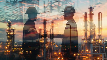 Two engineers wear helmet and vest standing hand shake with industrial double exposure background