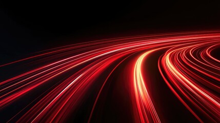 Poster - Abstract red light trails forming dynamic curves and swift motion on a black background. Modern vector illustration showcasing speed.