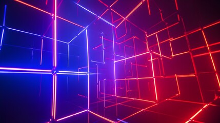 Laser grid lights forming a 3D cube, intense red and blue colors, high-tech futuristic stage design