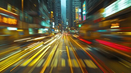 Poster - Blurred city lights and fast-moving traffic in Hong Kong's urban center, with Chinese road markings creating a dynamic effect.