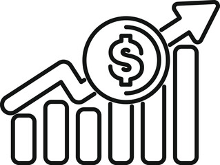 Poster - Thin line icon showing a dollar coin increasing in value on a growing chart line graph
