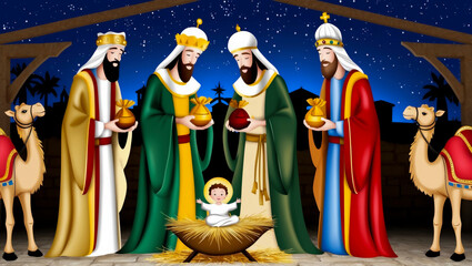 Poster - Holy Nativity: The Magi Presenting Gifts to Baby Jesus Christ in a Graphic Art Style.