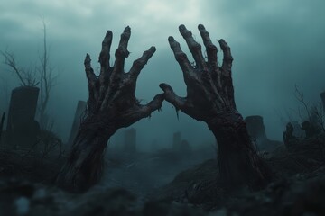 Two Bloody Hands Reaching from the Ground in a Foggy Graveyard