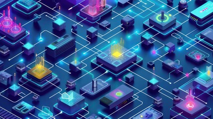 Wall Mural - Isometric infographic of data flow and information processing in a complex network. Stock photo --ar 16:9 --style raw --v 6 Job ID: 5f557208-a99a-4291-aa75-ca6bf505b422