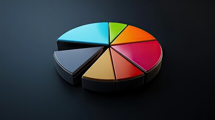 Poster - Detailed 3D pie chart with metallic textures, each segment separated slightly, dark background