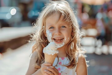 Adorable child long hair shows playful and sweet expression. Ice cream brings pure happiness to this child.  Innocence seen her eyes represents purity of youth.