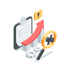 Wall Mural - isometric vector chart with growing arrow and tablet with document and magnifying glass with percentage, in color on white background, economic growth or good statistics work