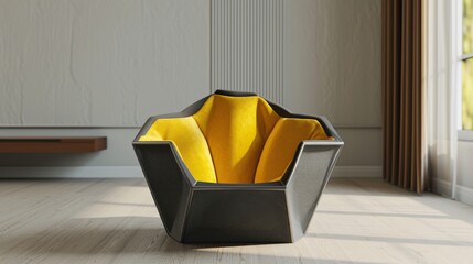 A unique, modern armchair featuring a geometric black frame and bright yellow cushion, perfectly placed in a minimalist living room with natural light streaming in, highlighting its contemporary