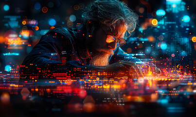 Poster - futuristic data mining concept - male programmer coding on laptop with virtual interface for big dat