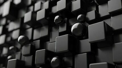 Poster - Dynamic 3D abstract background with interlocking cubes and spheres in a monochromatic palette. Great for tech or futuristic-themed visuals.