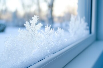 Poster - Frost Patterns on a Windowpane with a Blurred Winter Landscape in the Background