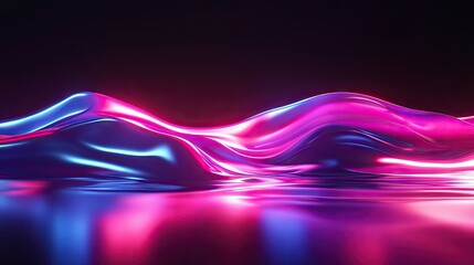 Poster - Dynamic 3D render of a neon wave in dark space, with its bright reflection on a polished floor, ideal for background or cover design.