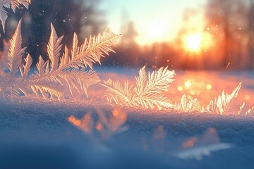 Poster - Delicate Ice Crystals on Windowpane with Sunset Glowing Through