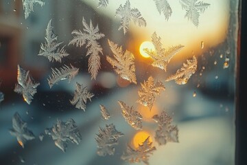 Sticker - Intricate Frost Patterns on a Windowpane with a Sunlit Background