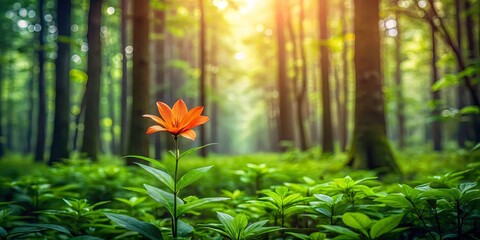 Canvas Print - Solitary orange blossom standing out in lush forest setting, with tall trees covered in green leaves