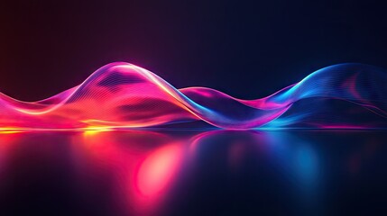 Poster - Elegant 3D neon wave in dark space, reflected dramatically on a sleek floor, creating a stunning visual for backgrounds and web design.