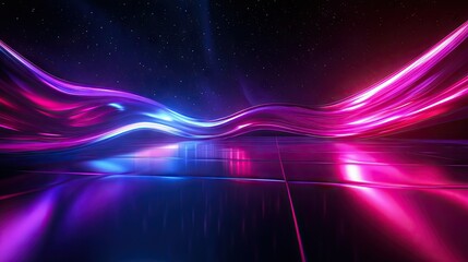 Poster - Elegant 3D neon wave in dark space, reflected dramatically on a sleek floor, creating a stunning visual for backgrounds and web design.