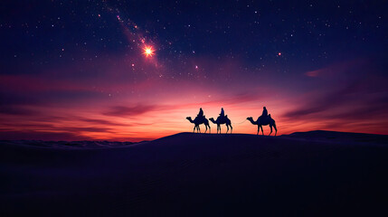 The three wise men with their camels following the star through the desert