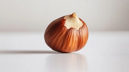 A single hazelnut, with its skin removed, rests on a white surface. The photo focuses on the nut itself, blurring the background.