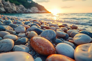 Wall Mural - Smooth Stones Reflecting Golden Sunset on a Beach