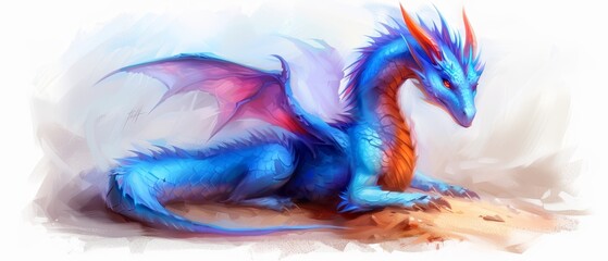 Naklejka na meble  A red dragon atop a wooden base bears a blue dragon headward Two dragons, one blue atop the other red