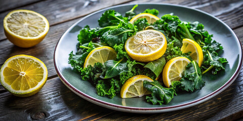 dark leafy greens arranged on a plate with lemon slices, rich in vitamins, brain-boosting meal