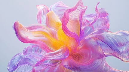 Poster - Futuristic 3D art showcasing an alien flower with flowing biological lines in clear pink, purple, and yellow plastic.
