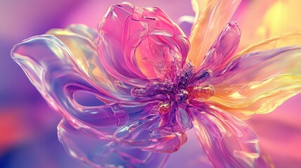 Poster - Futuristic 3D art showcasing an alien flower with flowing biological lines in clear pink, purple, and yellow plastic.