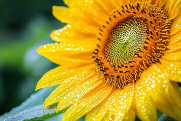 Wall Mural - Close-up of a Dew-Covered Sunflower with Yellow Petals and a Green Center