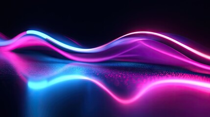 Poster - Futuristic neon wave 3D render in a dark setting, with its vivid reflection on a reflective floor surface, perfect for cover and web design.